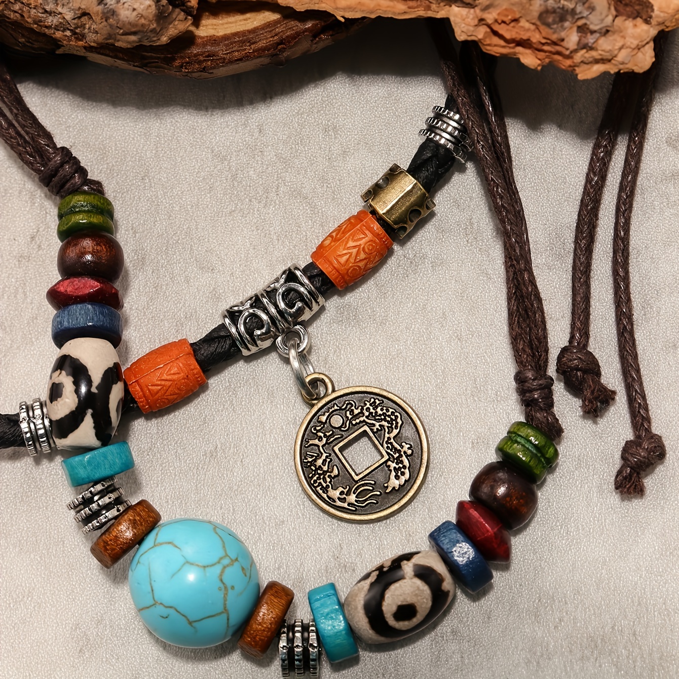 Adjustable Coconut Shell Necklace Turquoise Stone Lucky Coin Pendant